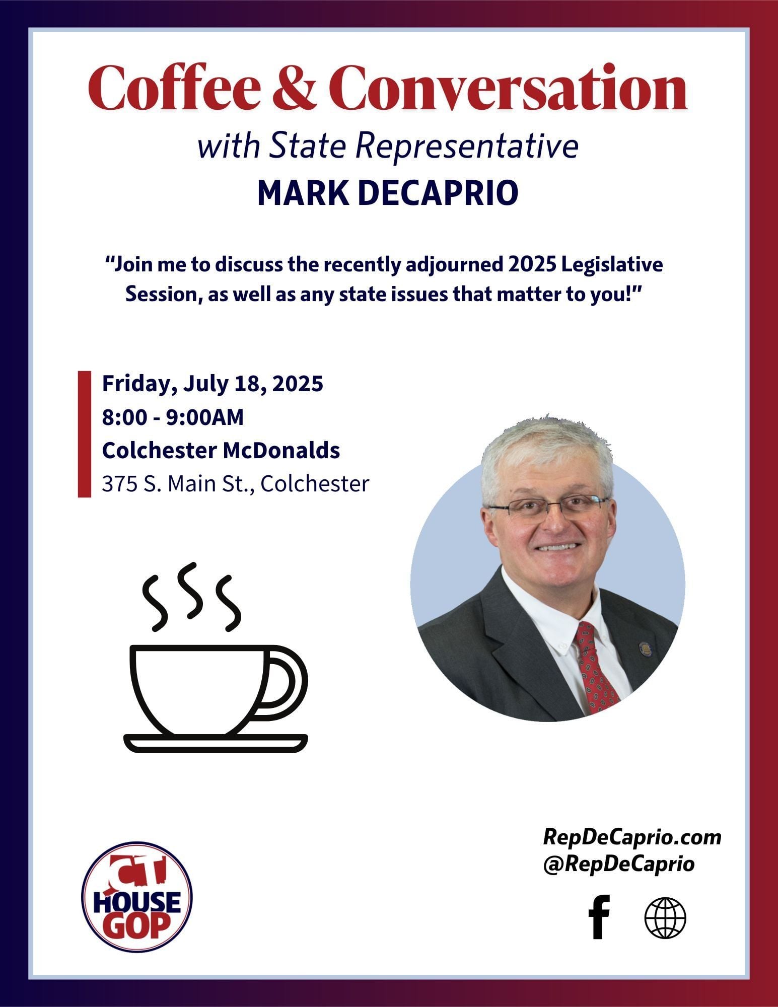 State Representative Mark DeCaprio to Host Coffee & Conversation in Colchester on July 18th