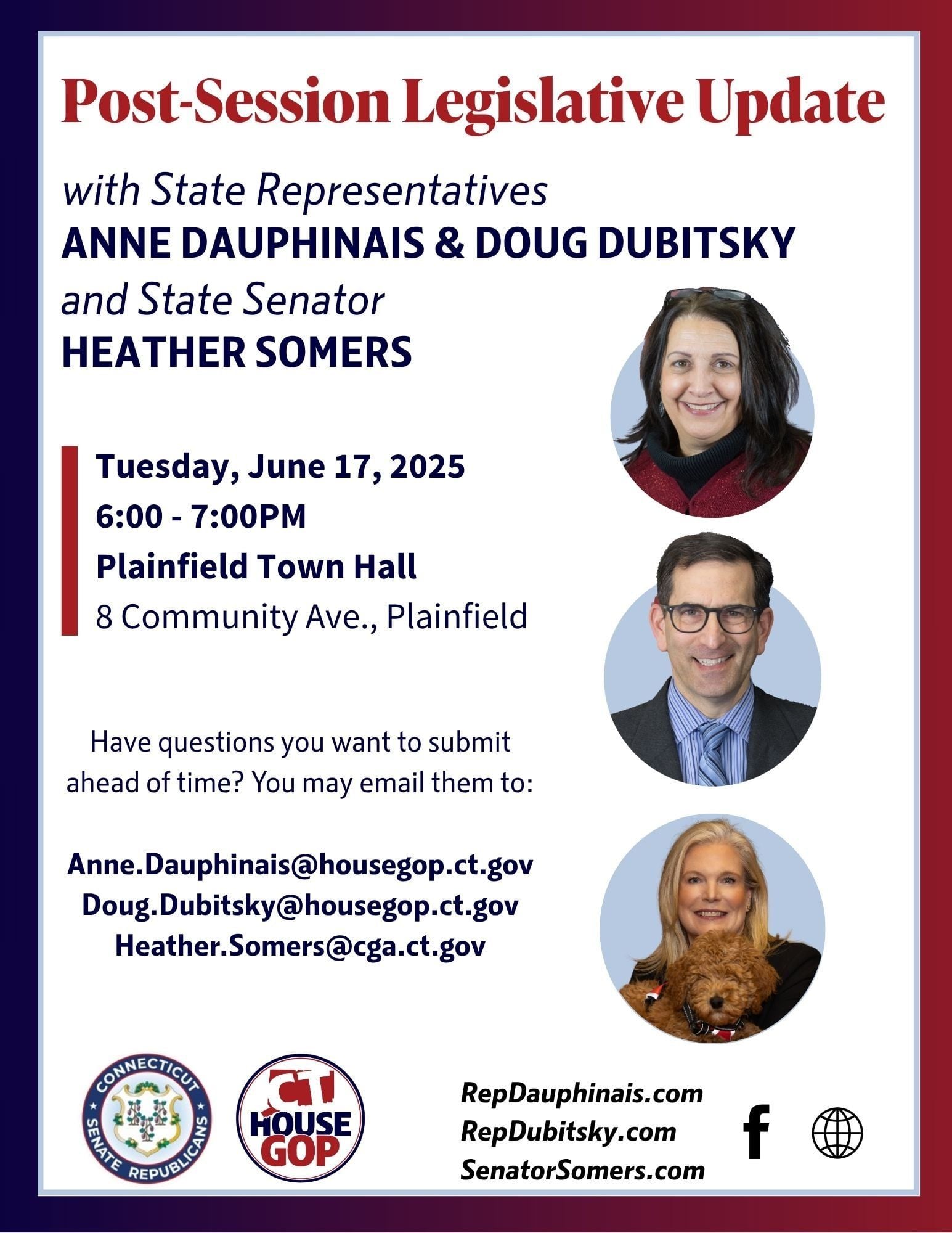 State Representatives Anne Dauphinais & Doug Dubitsky, Along with State Senator Heather Somers to Host Post-Session Legislative Update in Plainfield on Tuesday, June 17th.