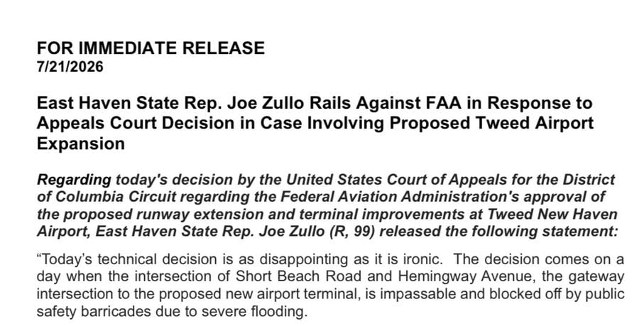 East Haven State Rep. Joe Zullo Rails Against FAA in Response to Appeals Court Decision in Case Involving Proposed Tweed Airport Expansion