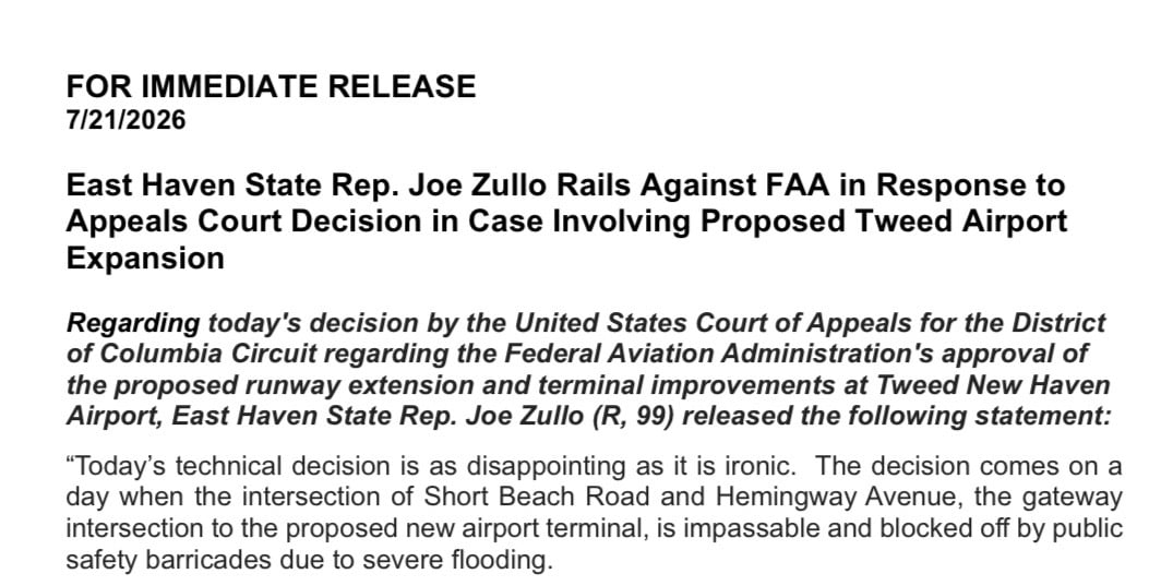East Haven State Rep. Joe Zullo Rails Against FAA in Response to Appeals Court Decision in Case Involving Proposed Tweed Airport Expansion
